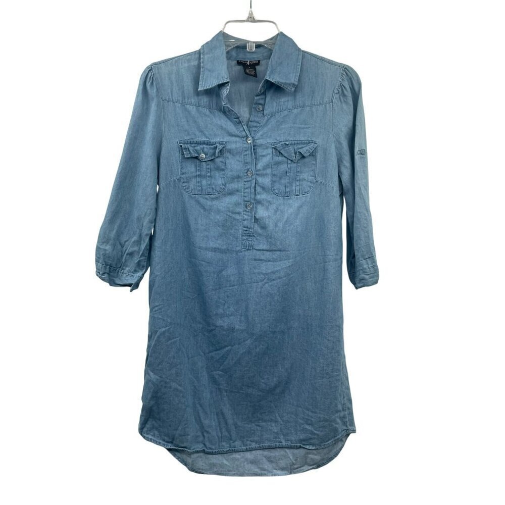 Cotton Express Womens Shift Dress Collared 3/4 Sleeve Blue Size Small